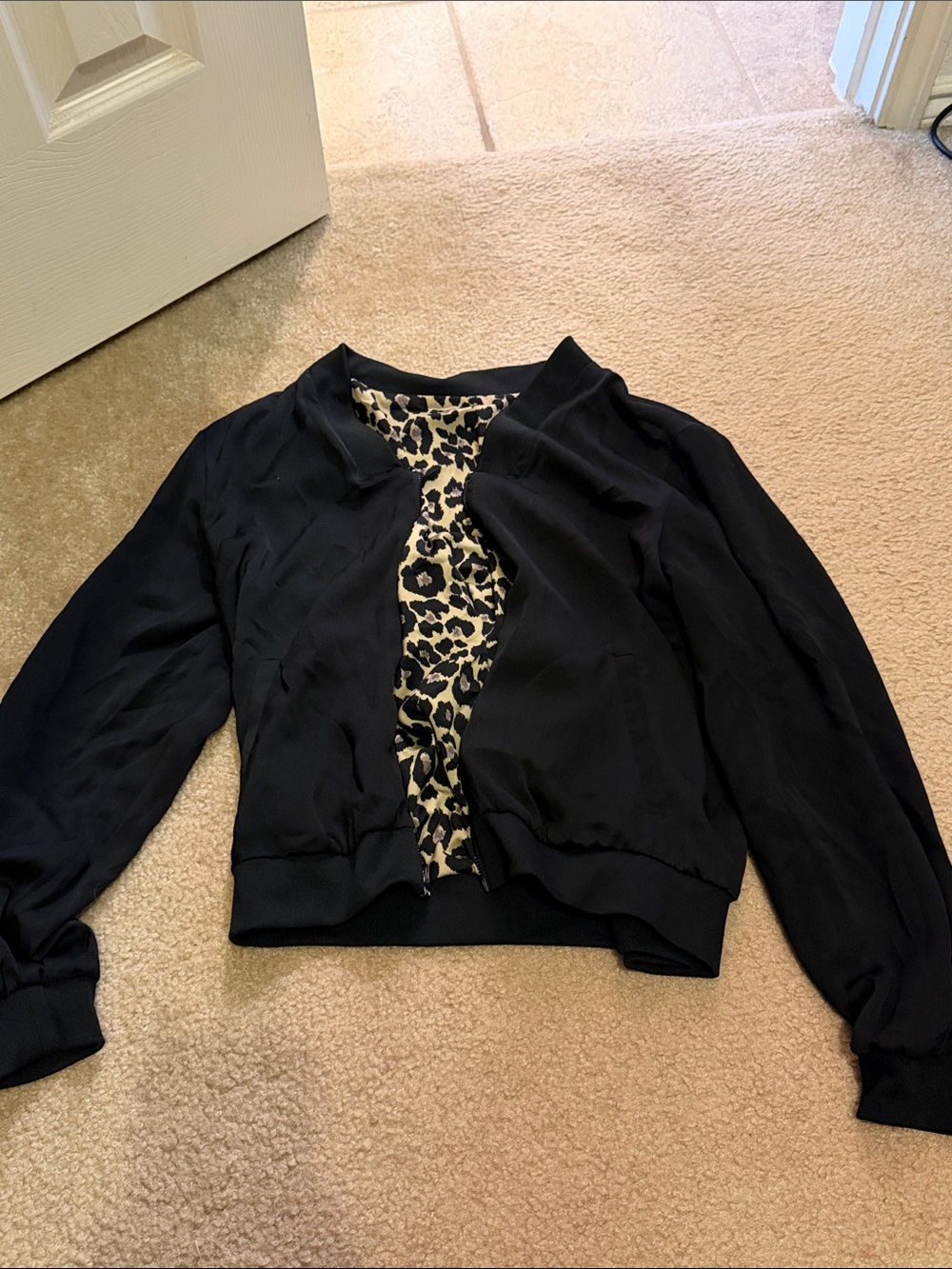 Stella & Dot Black Bomber Jacket with Leopard-Print Lining